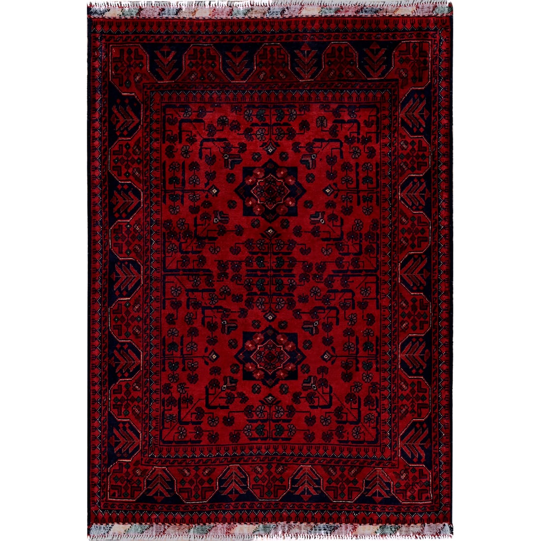 Rug 3'5"x4'9" Red Afghan Khamyab Geometric Pattern Soft Wool Hand Knotted (1 of 7)