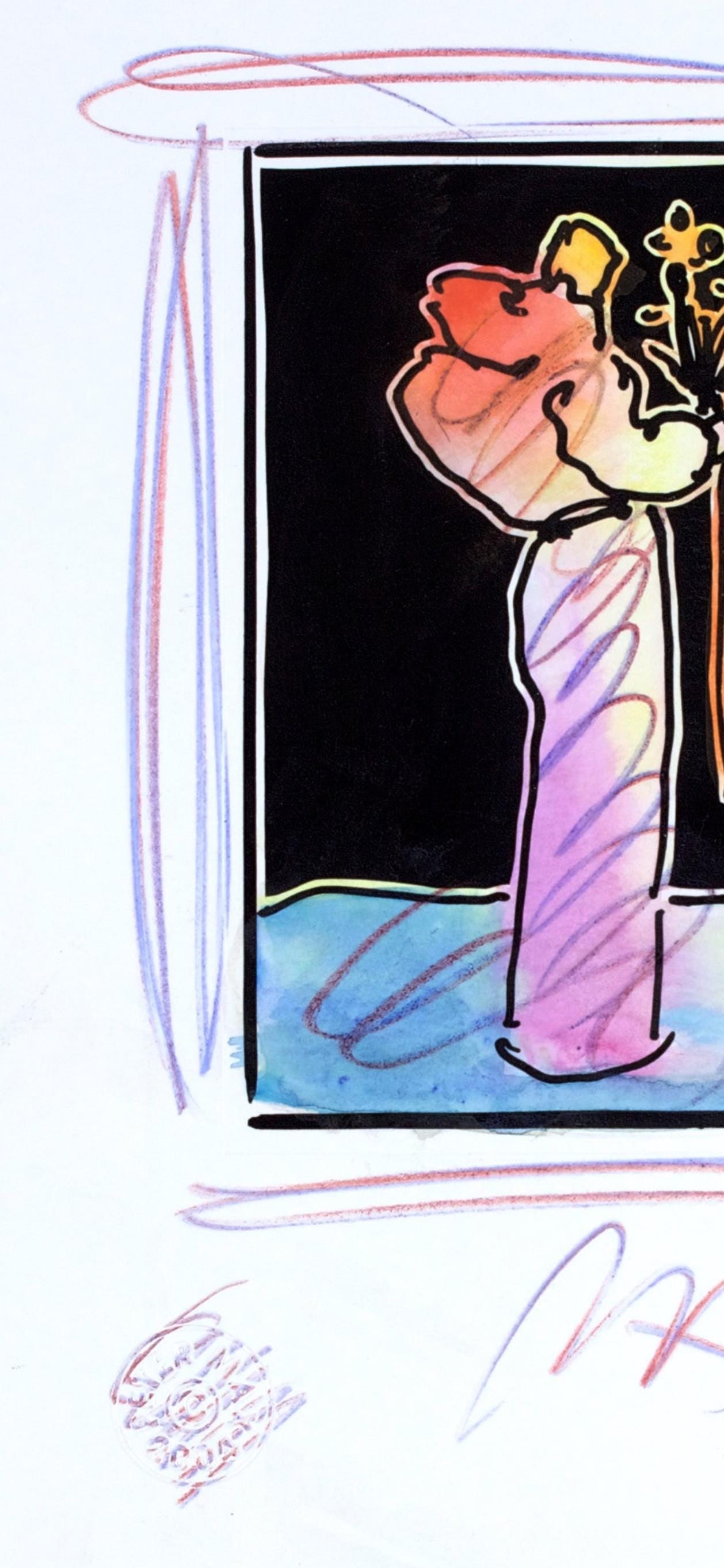 Official Edition Mixed Media - Peter Max - Sage with Flowers - Black and White Series - Hand Signed - 3