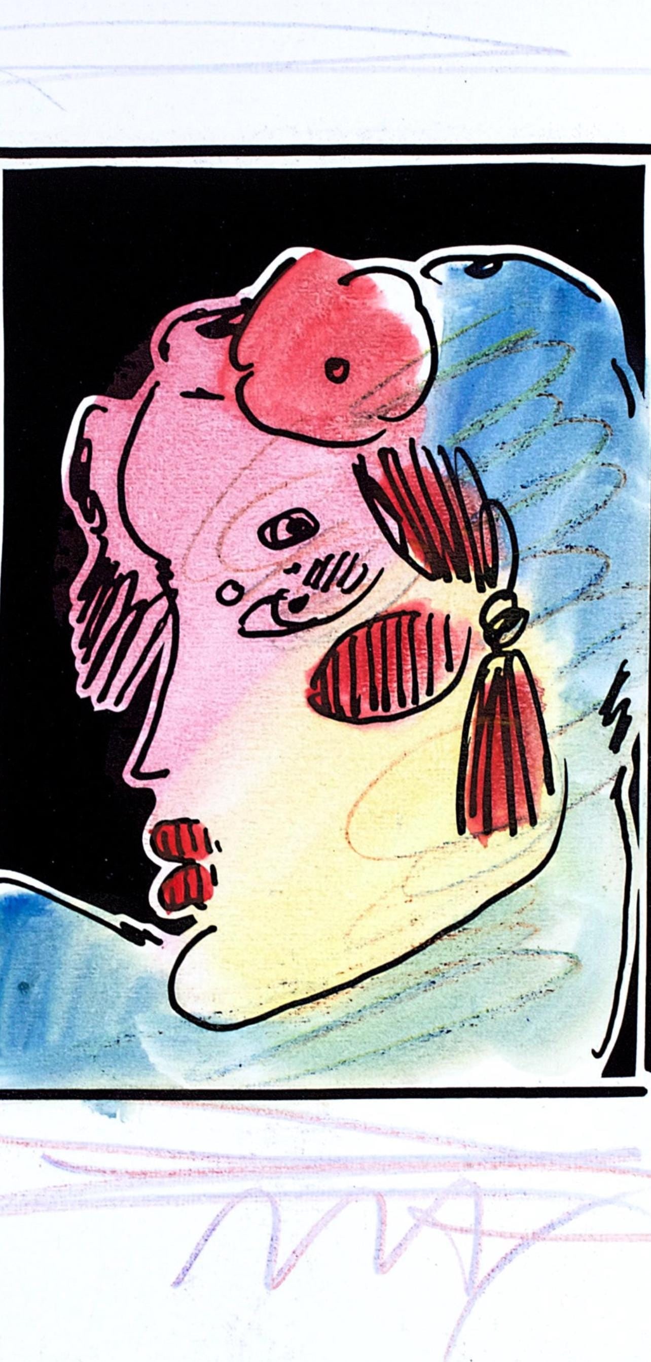 Official Edition Mixed Media - Peter Max - Lady Profile with Flower II - Black and White Series - - 2