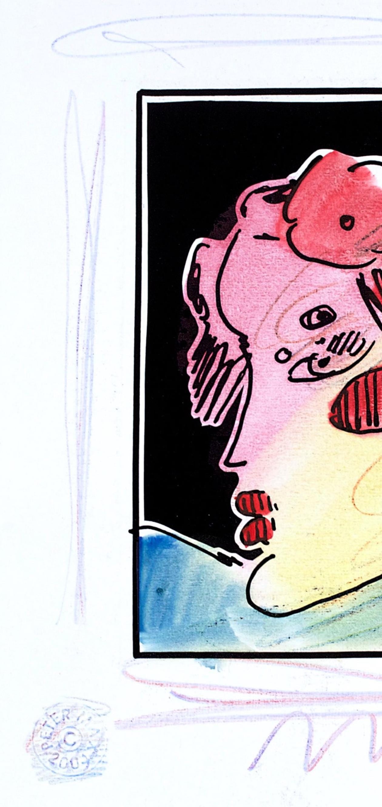 Official Edition Mixed Media - Peter Max - Lady Profile with Flower II - Black and White Series - - 3