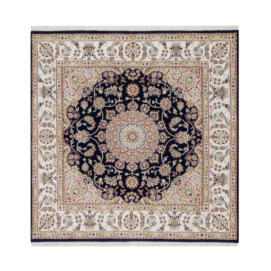 Rug 5'x5' Blue Wool and Silk Hand Knotted Nain with Flower Design Square (1 of 8)