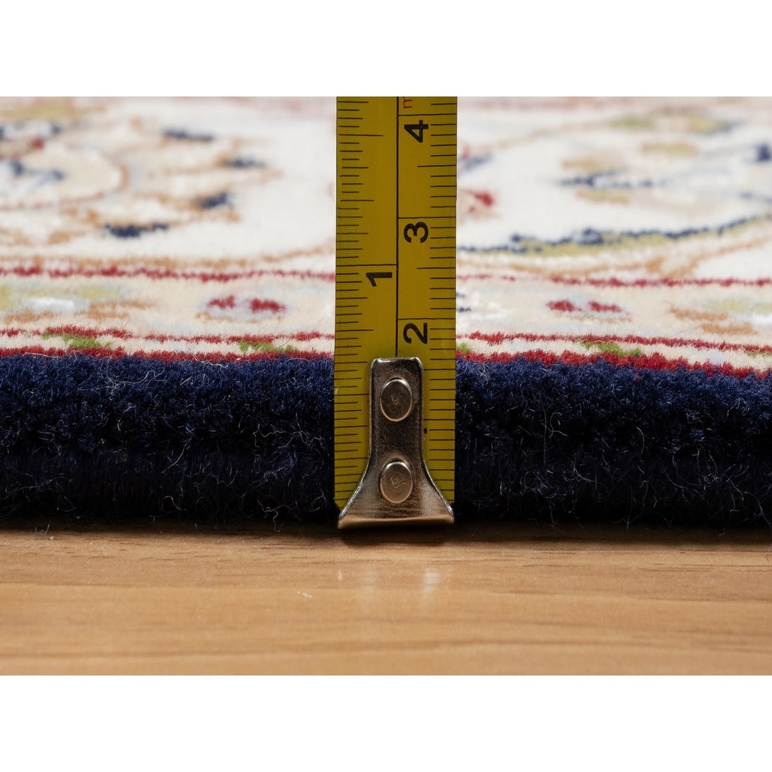 Rug 5'x5' Blue Wool and Silk Hand Knotted Nain with Flower Design Square - 7