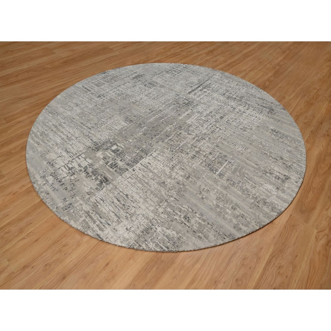 Wool 10'x10' Gray Round Rug Modern Erased Design Hand Knotted Natural - 3