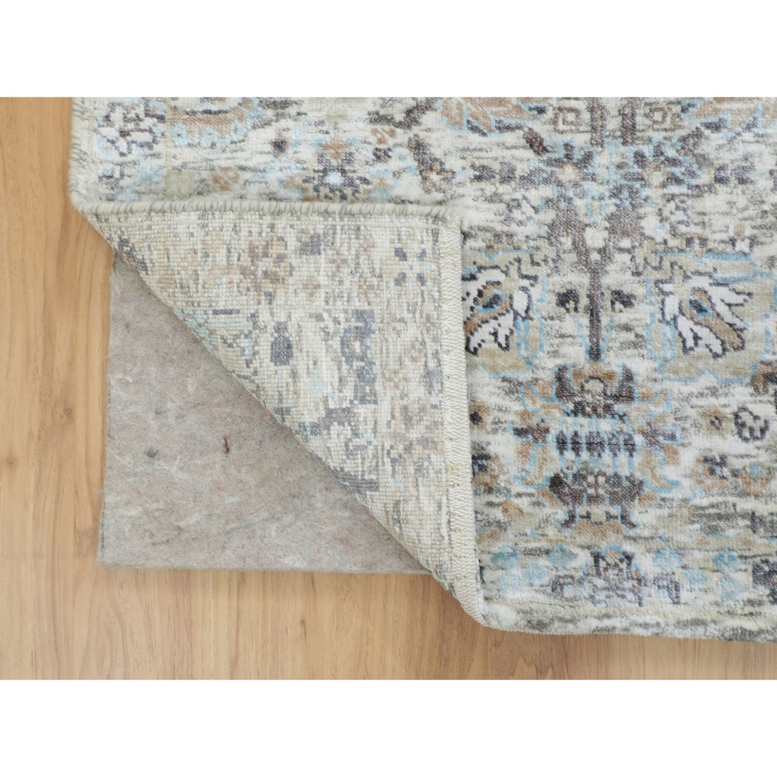 Rug 2'5"x8' Ivory Silk With Textured Wool Tebraz Design Hand Knotted - 3