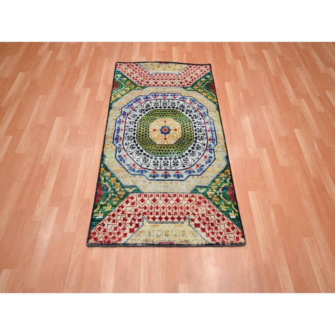 Rug 3'x5'1" Colorful Mamluk Design Silk with Textured Wool Hand Knotted - 2