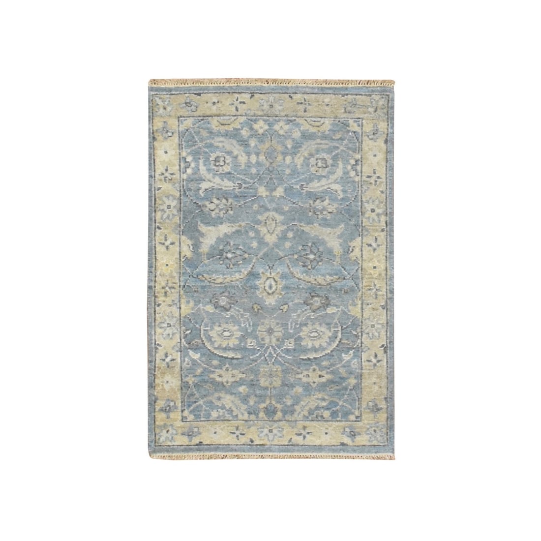 Rug 2'x2'10" Blue Pure Wool Sickle Leaf Design Hand Knotted Mat Sample (1 of 5)