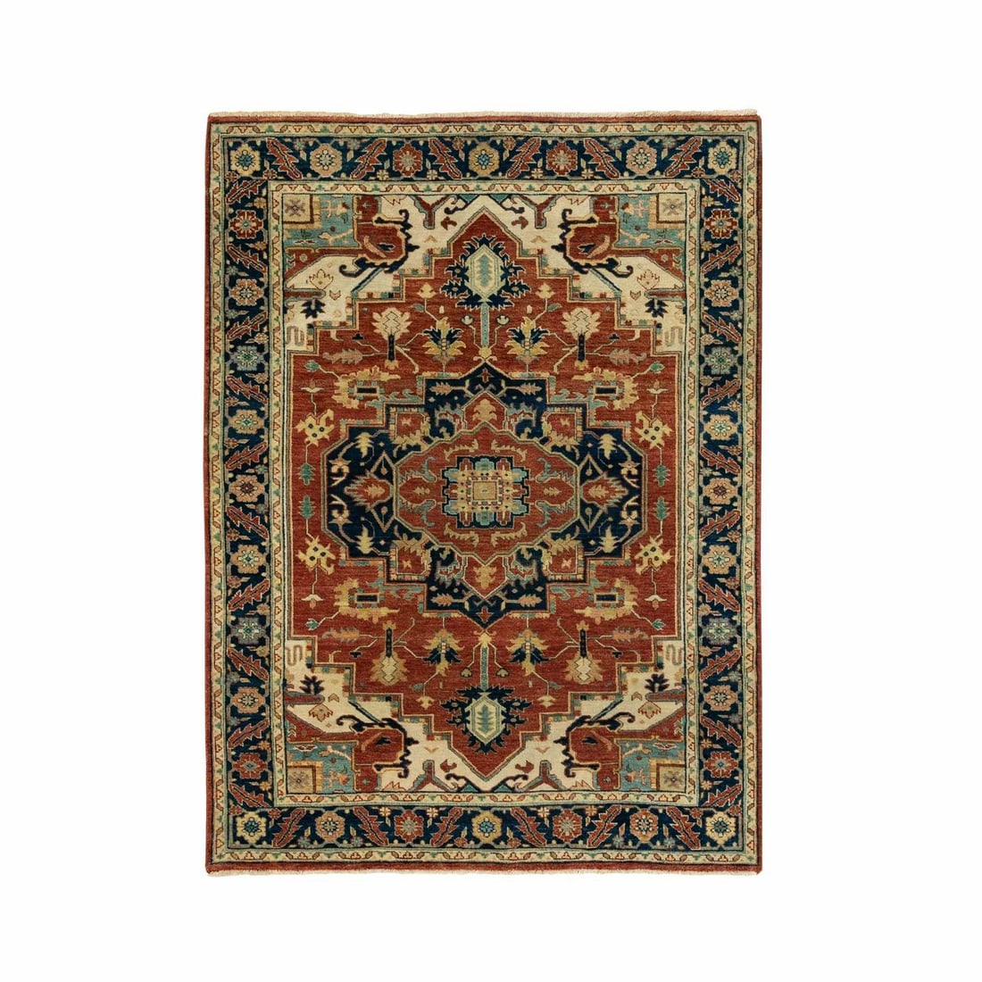 Rug 4'1"x6' Hand Knotted Red Antiqued Heris Re-Creation Geometric Design (1 of 8)