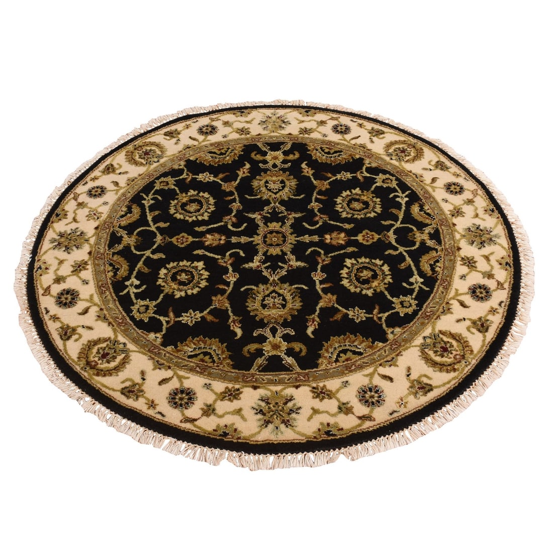 Rug 4'2"x4'2" Black Rajasthan Hand Knotted Half Wool and Half Silk Round (1 of 6)