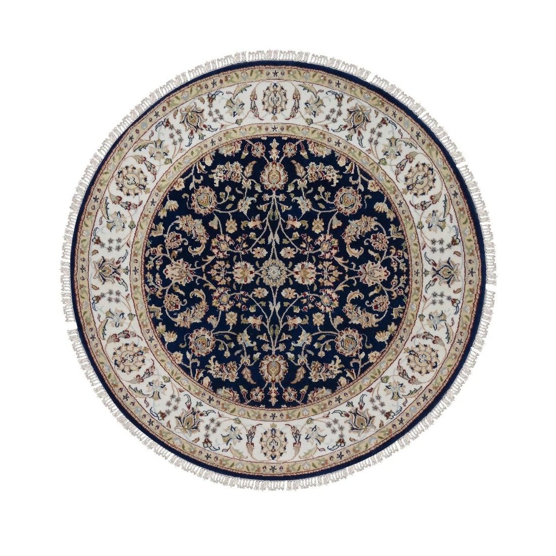 Rug 5'x5' Navy Nain with Flower Design Wool and Silk Hand Knotted Round (1 of 8)