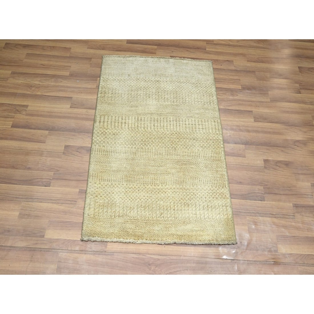 Rug 2'x3' Beige Modern Grass Design Hand Knotted Wool with Silk Small Mat - 2