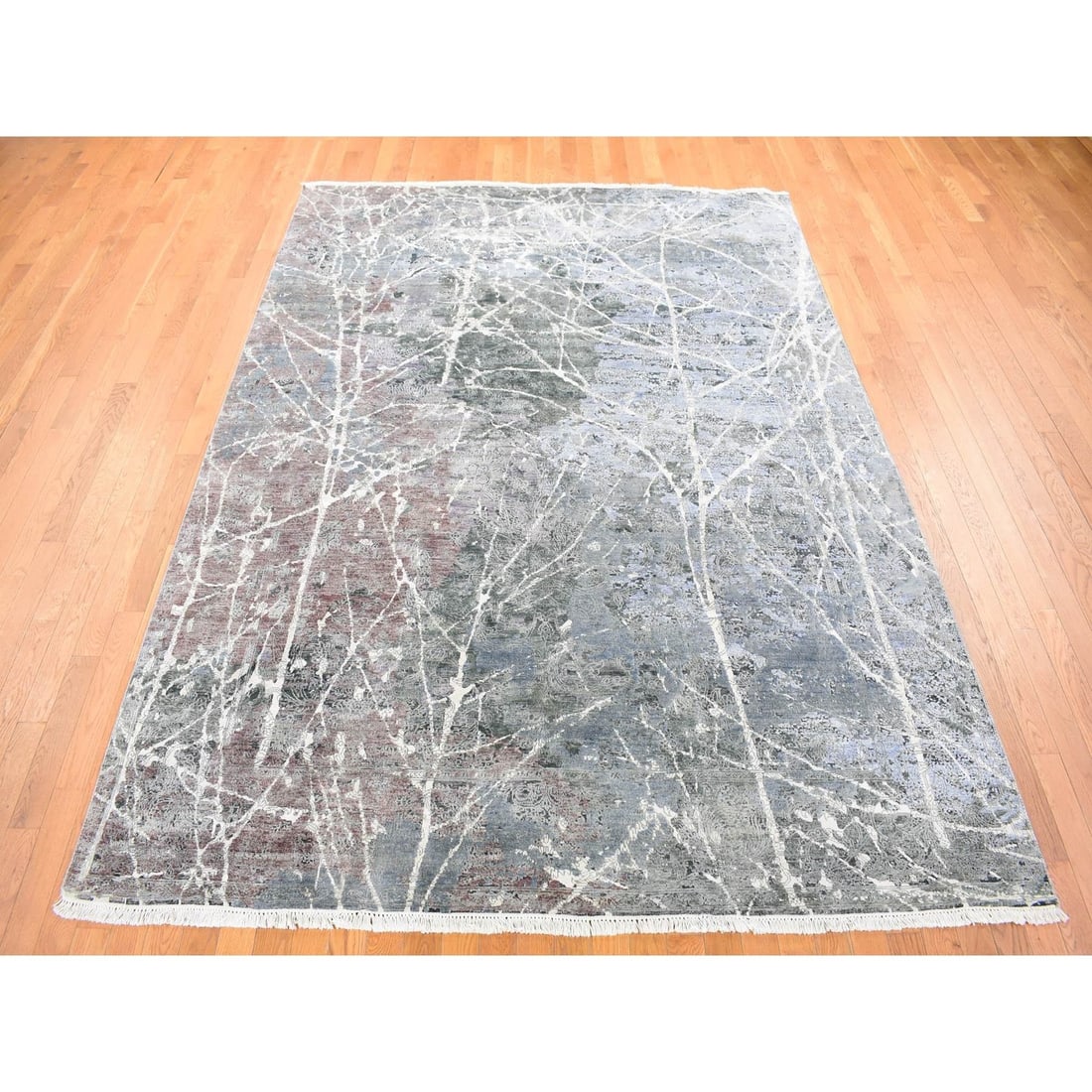Rug 7'7"x10'1" Gray Hand Knotted Broken Zoroastrian Design Silk with Wool - 3