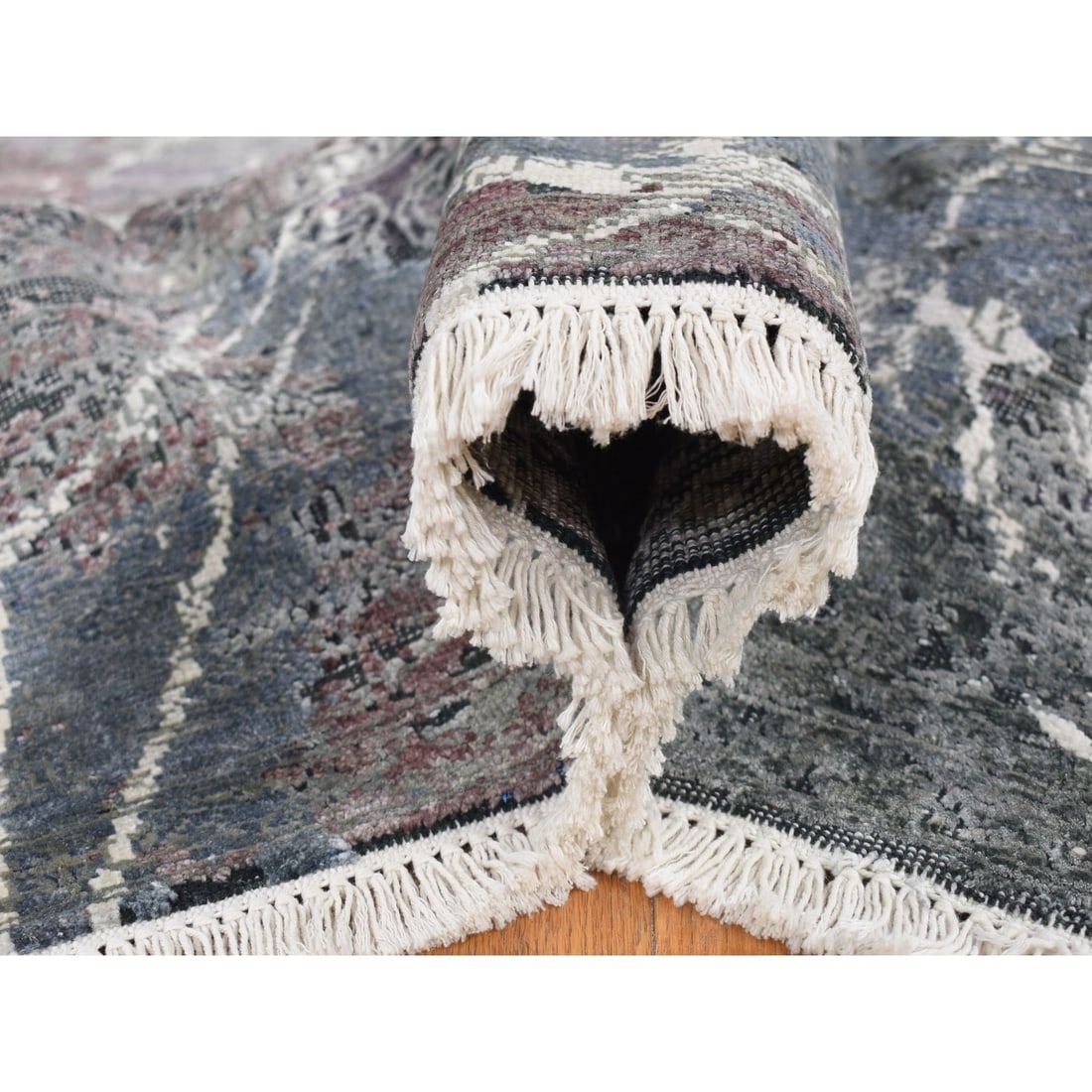 Rug 7'7"x10'1" Gray Hand Knotted Broken Zoroastrian Design Silk with Wool - 6