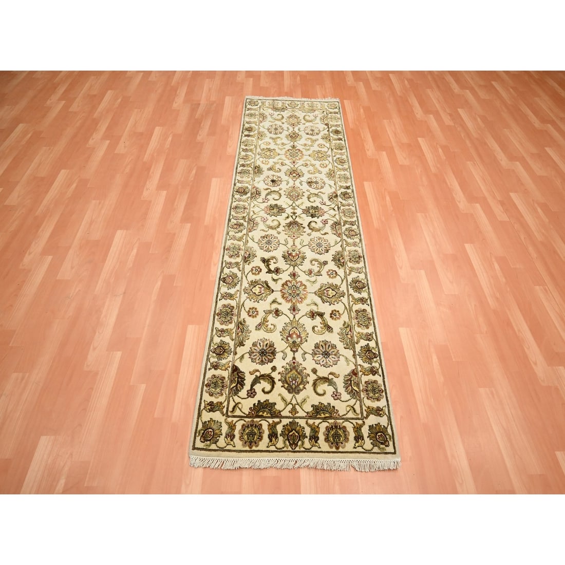 Rug 2'7"x8'3" White Rajasthan Leaf Design Hand Knotted Wool & Silk Runner - 2