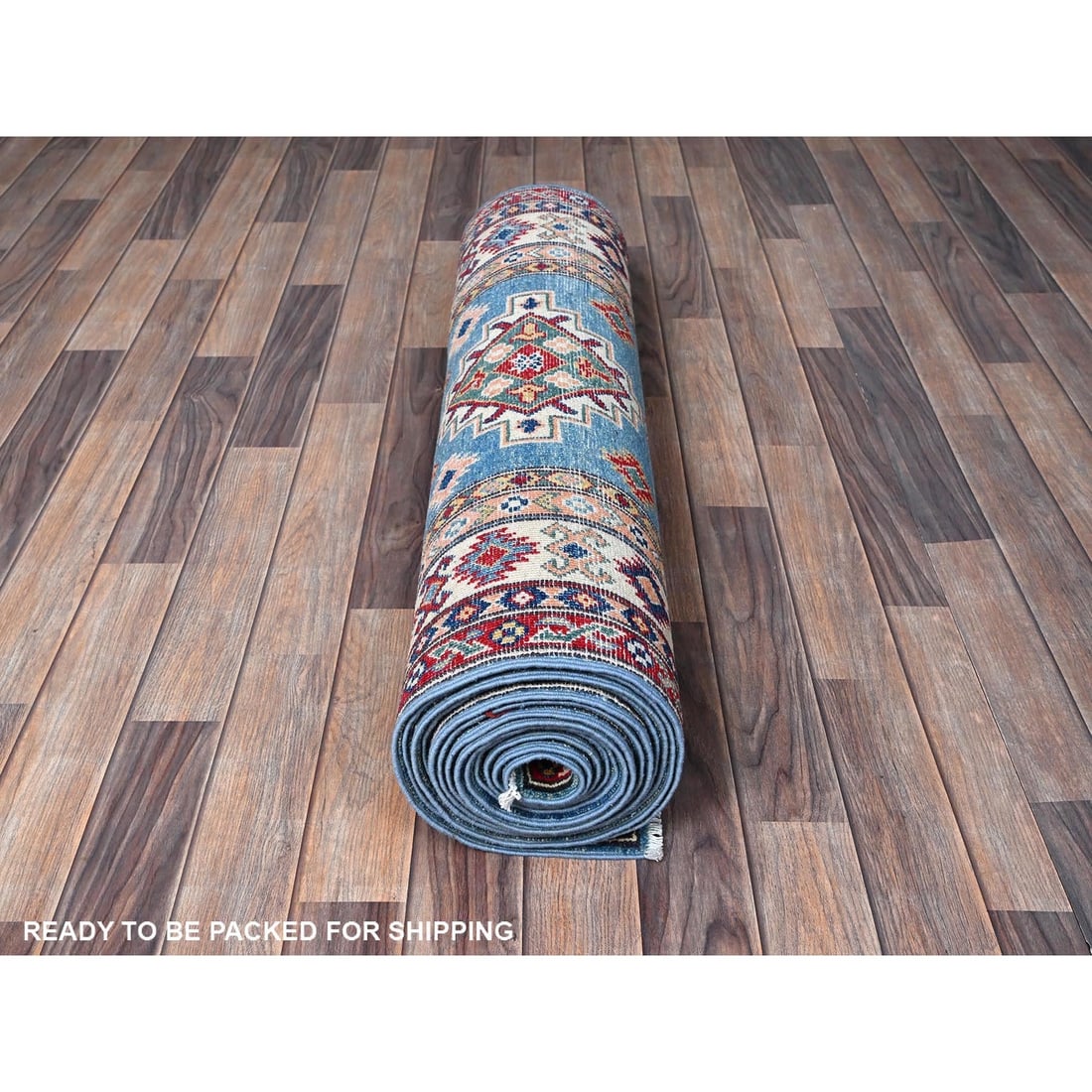 Rug 3'4"x19'6" Blue Kazak Geometric Design Soft Wool Hand Knotted Runner - 5