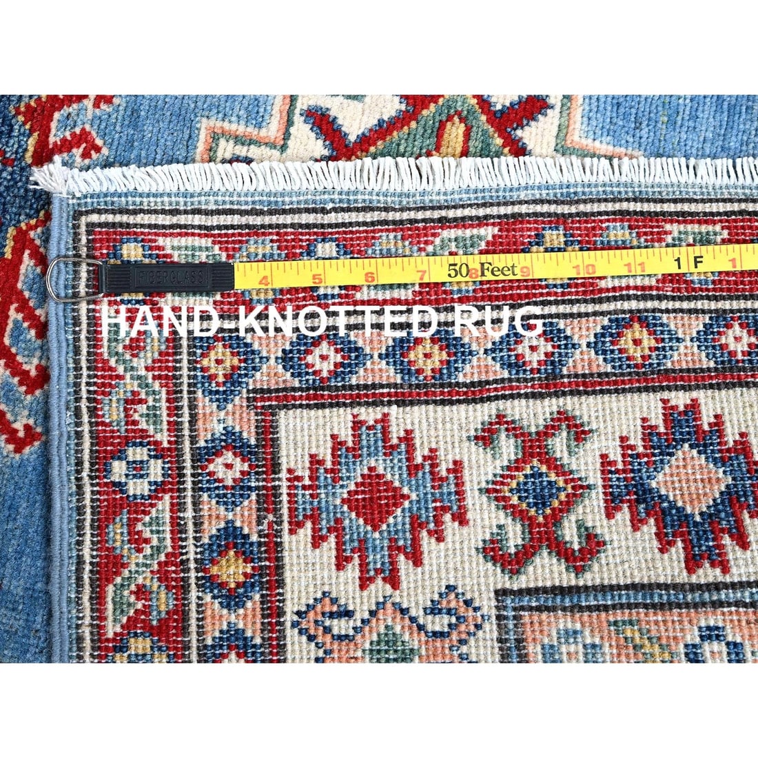 Rug 3'4"x19'6" Blue Kazak Geometric Design Soft Wool Hand Knotted Runner - 7