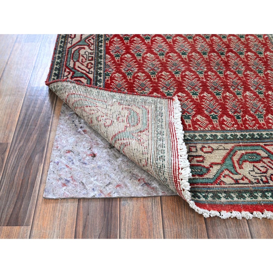 Rug 3'2"x12'4" Red Vintage Zoroastrian Tebraz Pure Wool Hand Knotted Runner - 3