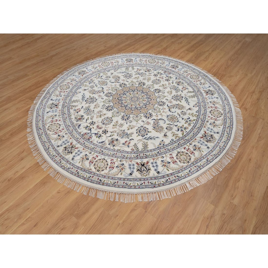 Rug 8'x8' Ivory Nain with Flower Design Hand Knotted Wool and Silk Round - 3