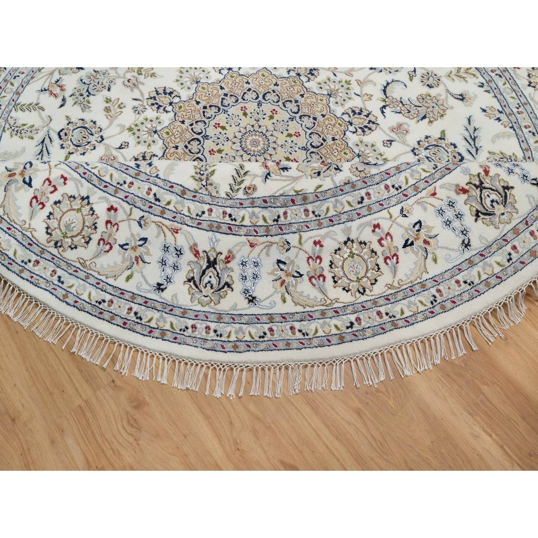 Rug 8'x8' Ivory Nain with Flower Design Hand Knotted Wool and Silk Round - 6