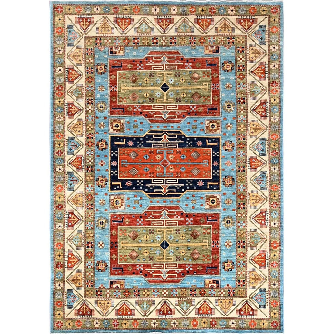Rug 6'x8'6" Maya Blue Armenian Inspired Caucasian Design Wool Hand Knotted: Rug 6'x8'6" Maya Blue Armenian Inspired Caucasian Design Wool Hand Knotted This listing features Rug 6'x8'6" Maya Blue Armenian Inspired Caucasian Design Wool Hand Knotted. Item specifics are