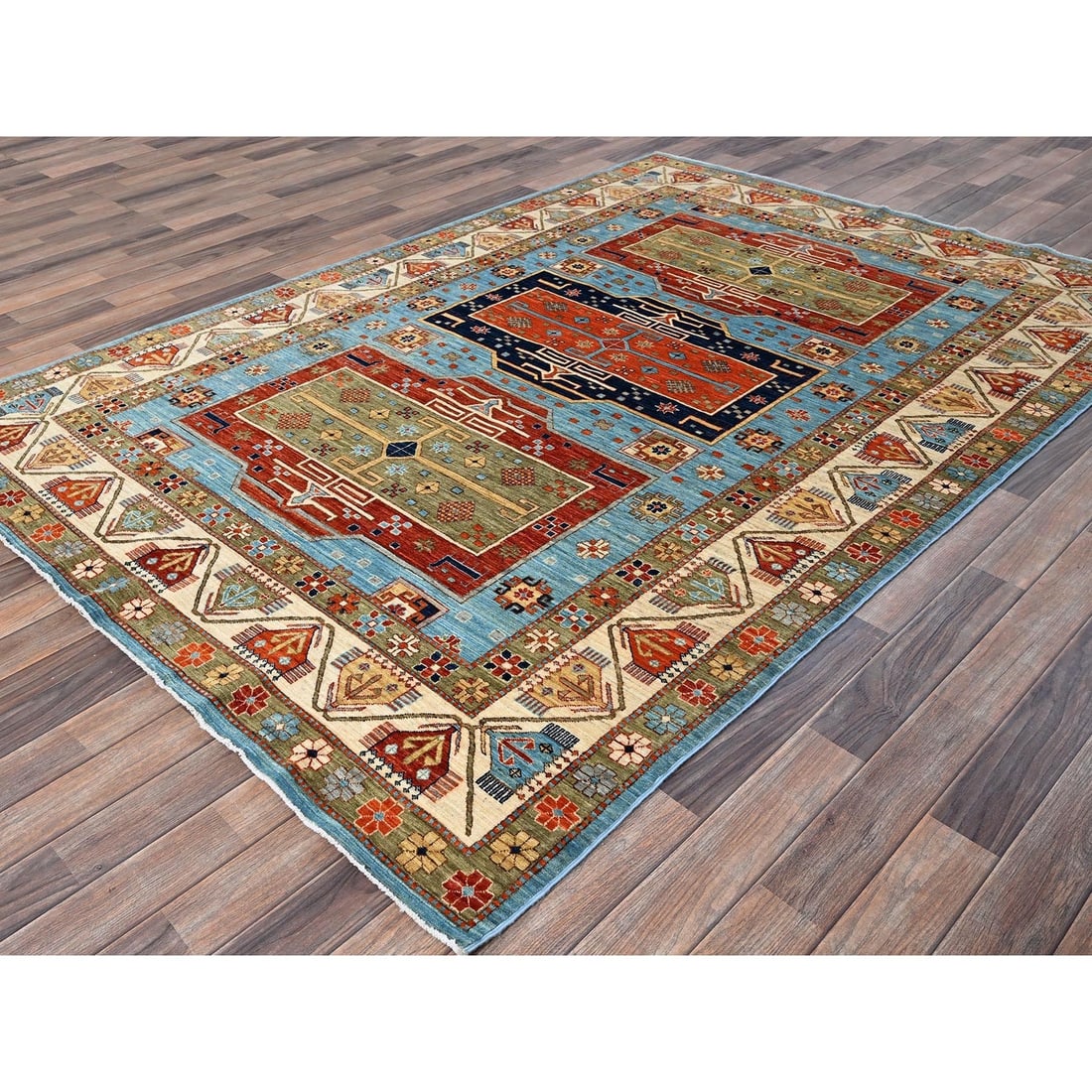 Rug 6'x8'6" Maya Blue Armenian Inspired Caucasian Design Wool Hand Knotted - 4
