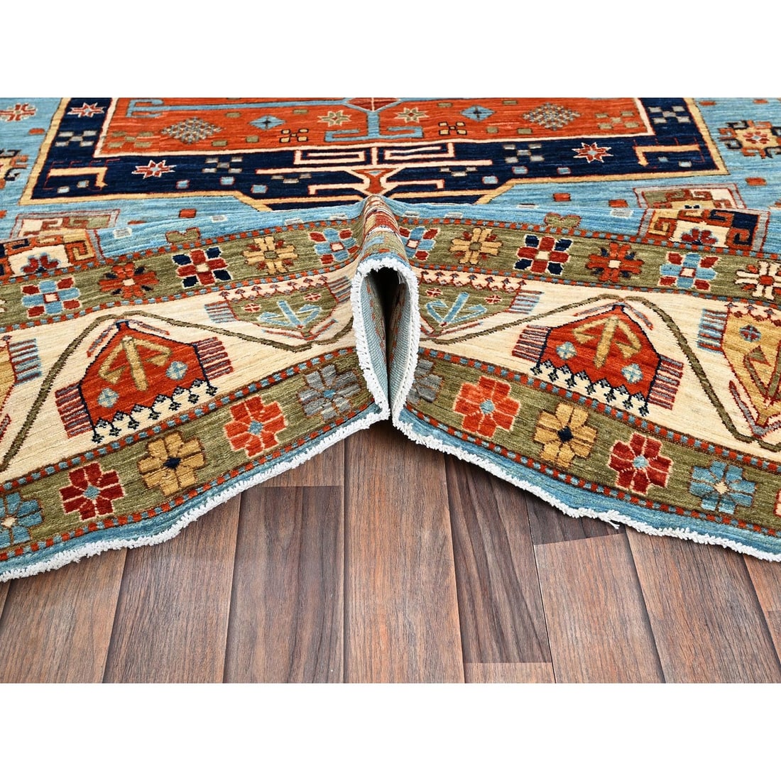 Rug 6'x8'6" Maya Blue Armenian Inspired Caucasian Design Wool Hand Knotted - 6