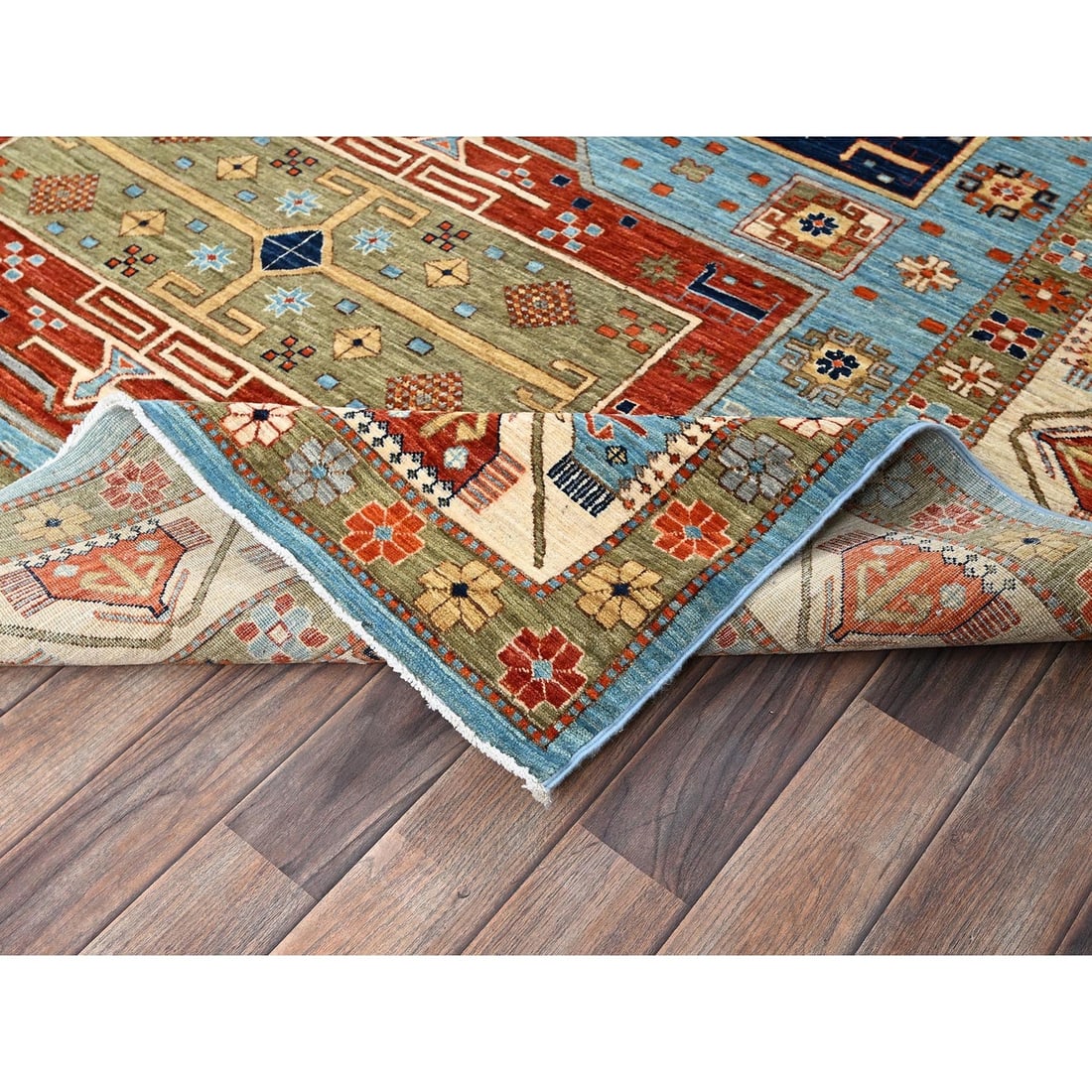 Rug 6'x8'6" Maya Blue Armenian Inspired Caucasian Design Wool Hand Knotted - 7
