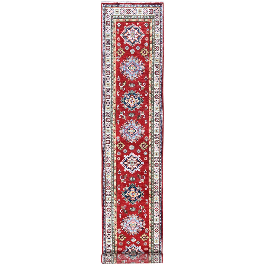 Rug 2'9"x16'5" Red Kazak with Tribal Design Soft Wool Hand Knotted Runner: Rug 2'9"x16'5" Red Kazak with Tribal Design Soft Wool Hand Knotted Runner This listing features Rug 2'9"x16'5" Red Kazak with Tribal Design Soft Wool Hand Knotted Runner. Item specifics are provided