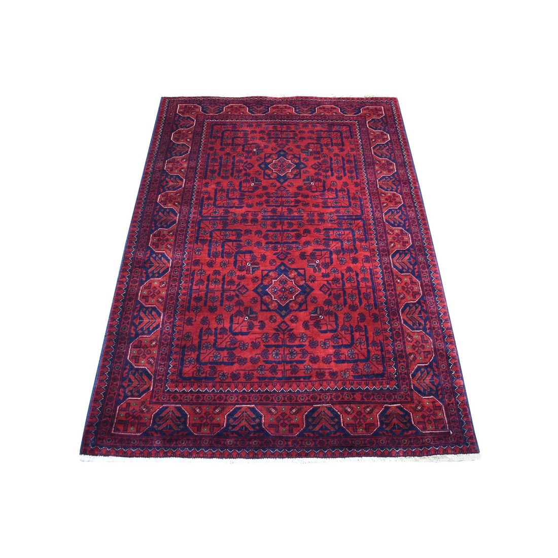Rug 3'4"x4'9" Hand Knotted Deep Red Afghan Khamyab Soft Organic Wool (1 of 6)