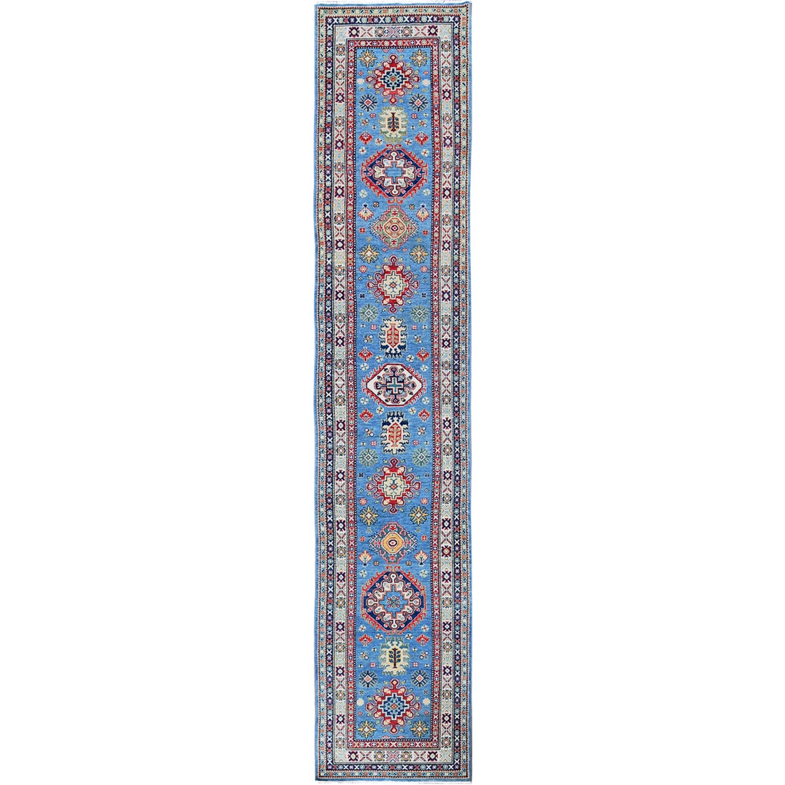 Rug 3'2"x16'1" Blue Kazak with Medallions Design Hand Knotted Wool Runner: Rug 3'2"x16'1" Blue Kazak with Medallions Design Hand Knotted Wool Runner This listing features Rug 3'2"x16'1" Blue Kazak with Medallions Design Hand Knotted Wool Runner. Item specifics are provided