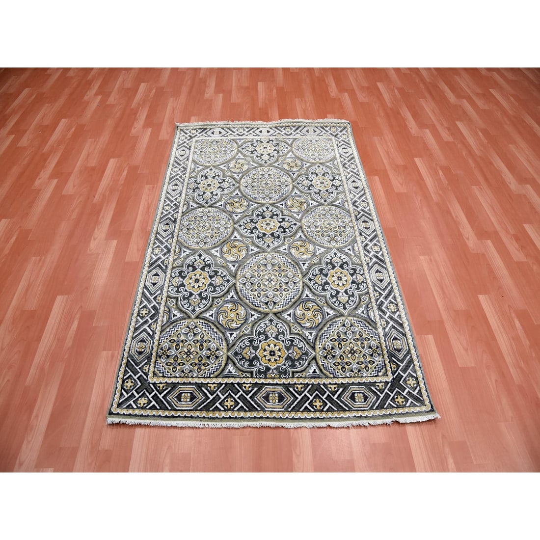 Rug 4'x6'2" Taupe-Brown Textured Wool Silk Mughal Inspired Hand-Knotted - 2