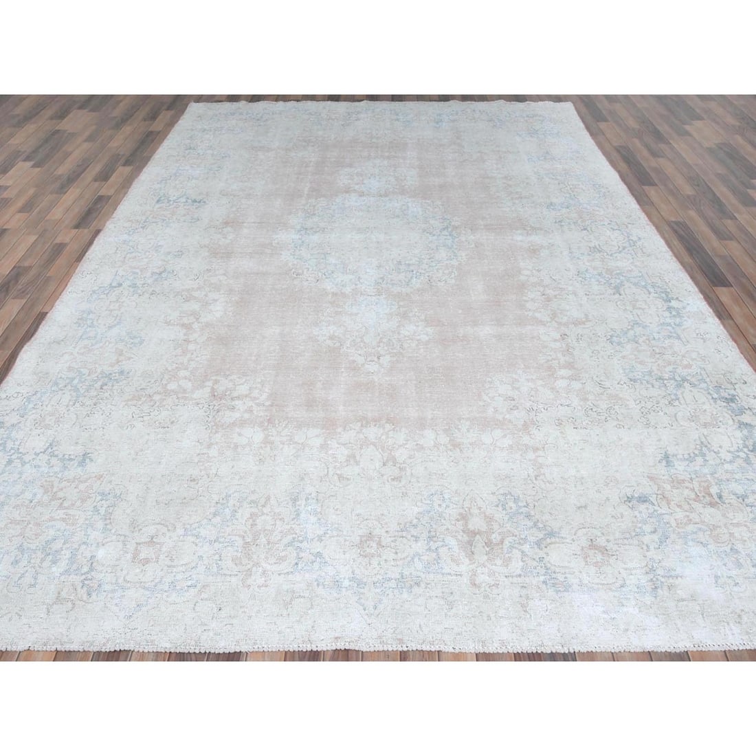 Rug 9'4"x13'1" Pink Hand Knotted Worn Wool Distressed Old Farsian Karman - 3