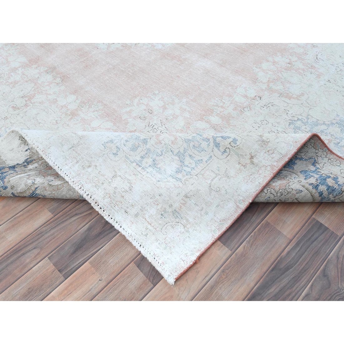 Rug 9'4"x13'1" Pink Hand Knotted Worn Wool Distressed Old Farsian Karman - 7