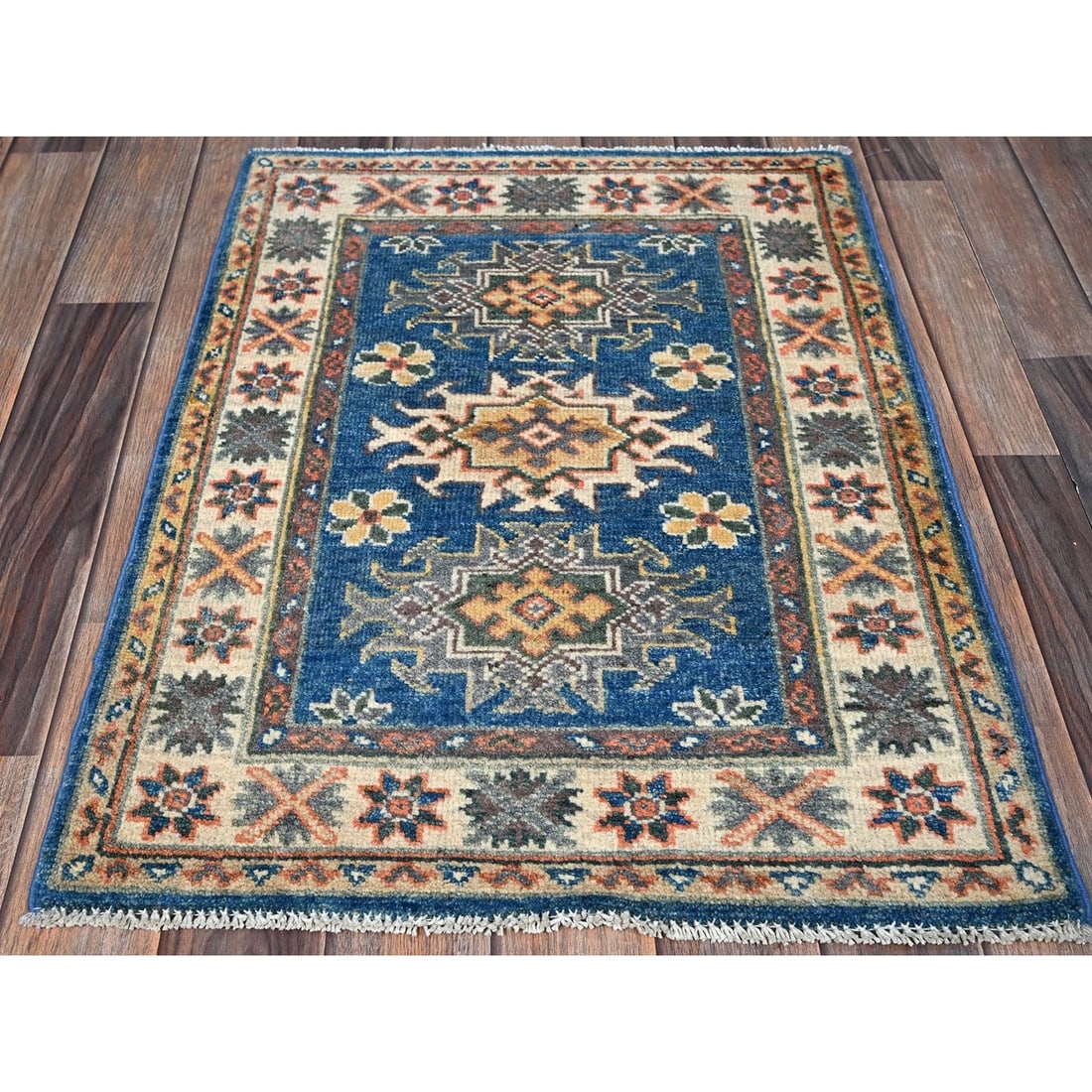 Rug 2'1"x2'9" Blue Hand Knotted Kazak Tribal Medallions Design Soft Wool - 2