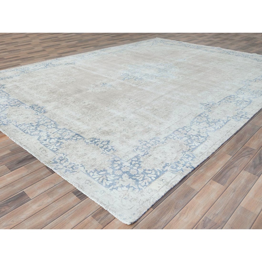 Rug 9'7"x13'2" Beige Distressed Look Wool Vintage Farsian Hand Knotted - 4