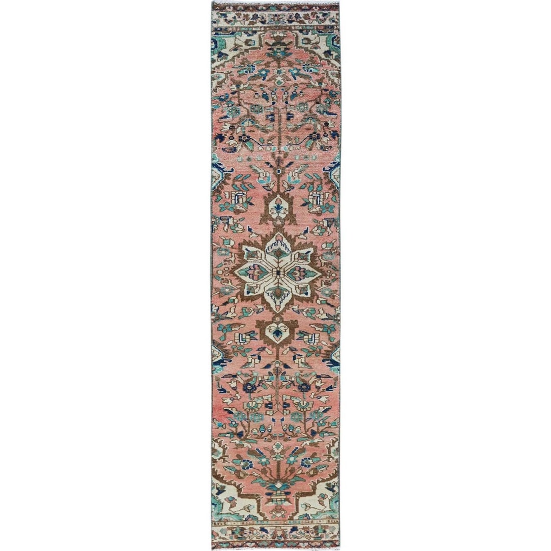 Rug 2'x9' Salmon Pink Vintage Zoroastrian Heris Hand Knotted Wool Runner (1 of 7)