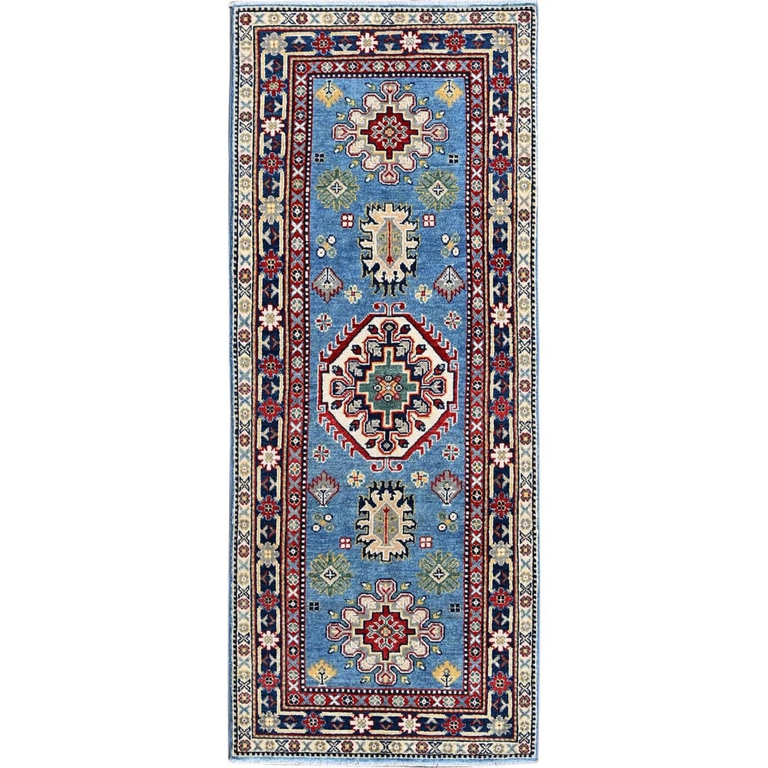Rug 2'8"x6'8" Blue Kazak with Tribal Design Hand Knotted Soft Wool Runner: Rug 2'8"x6'8" Blue Kazak with Tribal Design Hand Knotted Soft Wool Runner This listing features Rug 2'8"x6'8" Blue Kazak with Tribal Design Hand Knotted Soft Wool Runner. Item specifics are provided