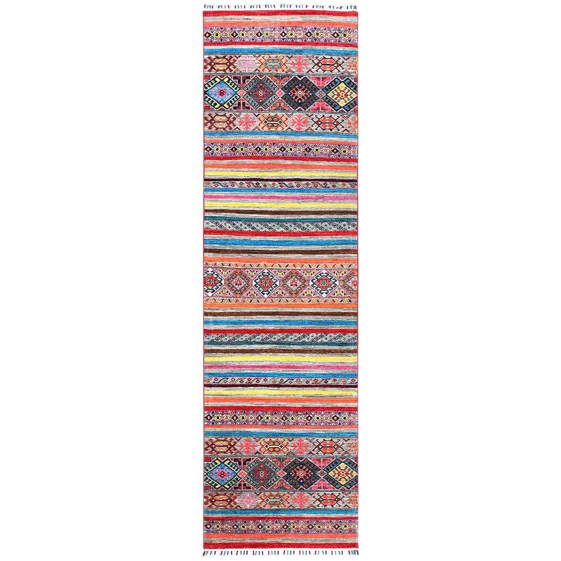 Rug 2'9"x9'9" Super Kazak Khorjin Design Wool Hand Knotted Runner: Rug 2'9"x9'9" Super Kazak Khorjin Design Wool Hand Knotted Runner This listing features Rug 2'9"x9'9" Super Kazak Khorjin Design Wool Hand Knotted Runner. Item specifics are provided below. Item