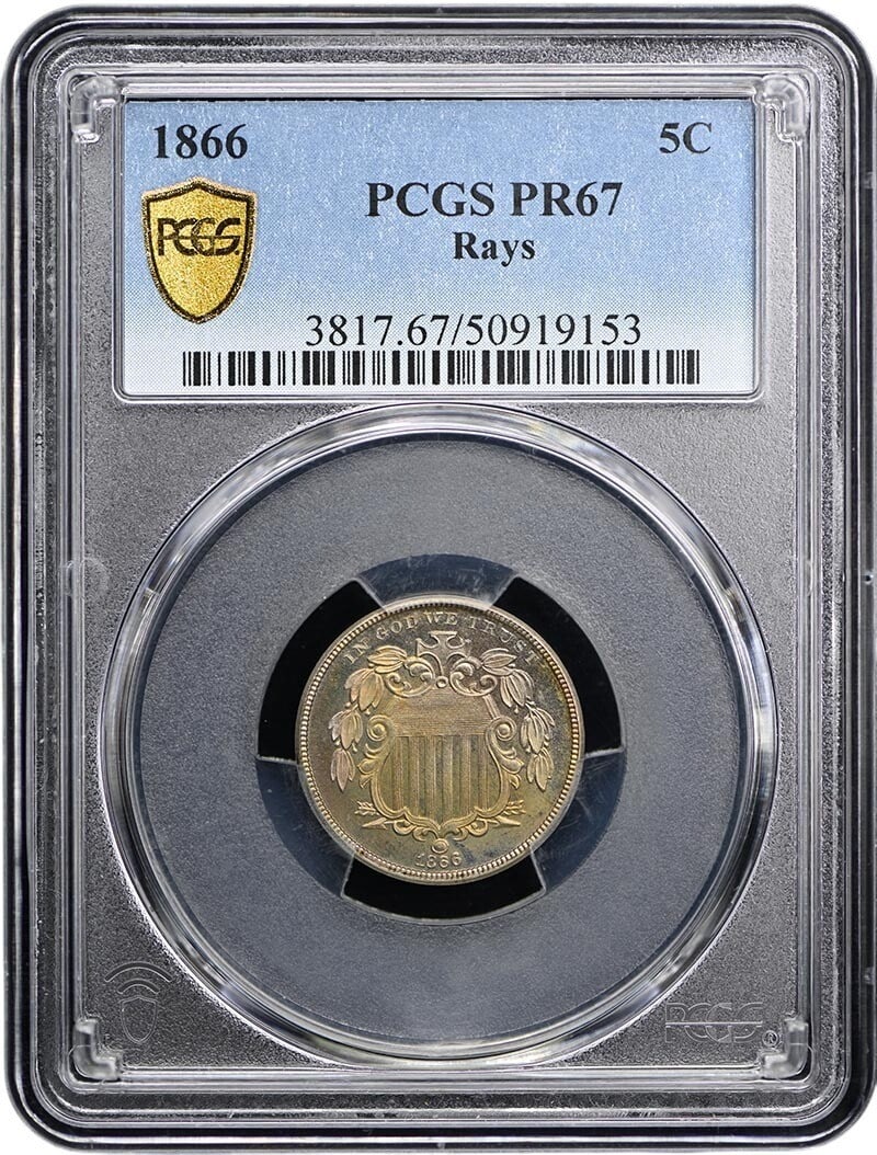 PR67 1866 5C Rays Shield Nickel W/ Rays PCGS (1 of 2)