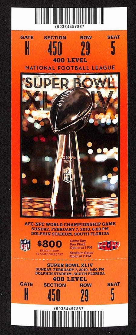 198869 2010 Super Bowl XLIV 44 Full Unused Mint Authentic Ticket Saints vs Colts (1 of 2)
