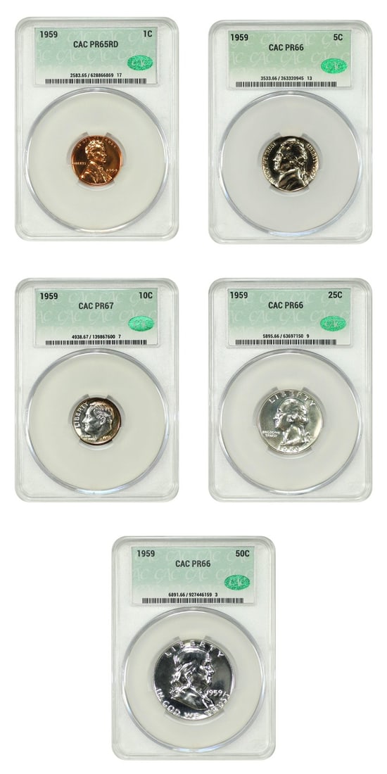Proof Sets - 1959 Proof Set 1C-50C CACG PR65-67: Proof Sets - 1959 Proof Set 1C-50C CACG PR65-67 This listing features Proof Sets - 1959 Proof Set 1C-50C CACG PR65-67. Item specifics are provided below. Item Specifics: Certification: CACG Certificat