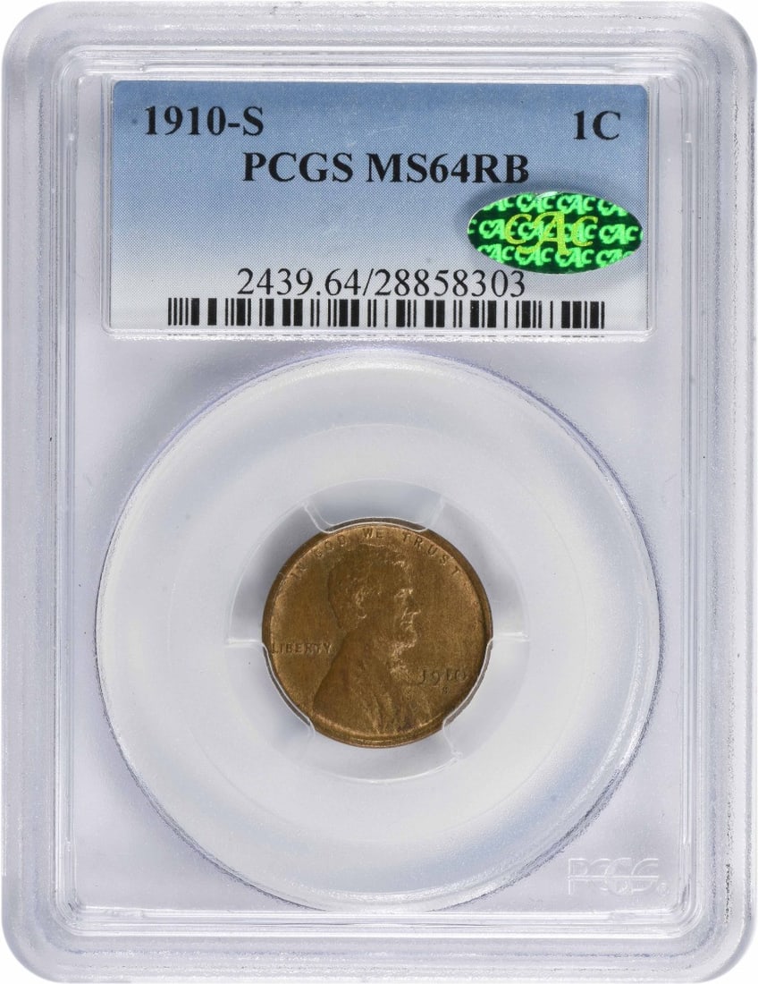 (CAC) 1910-S Lincoln Cent MS64RB PCGS (1 of 1)
