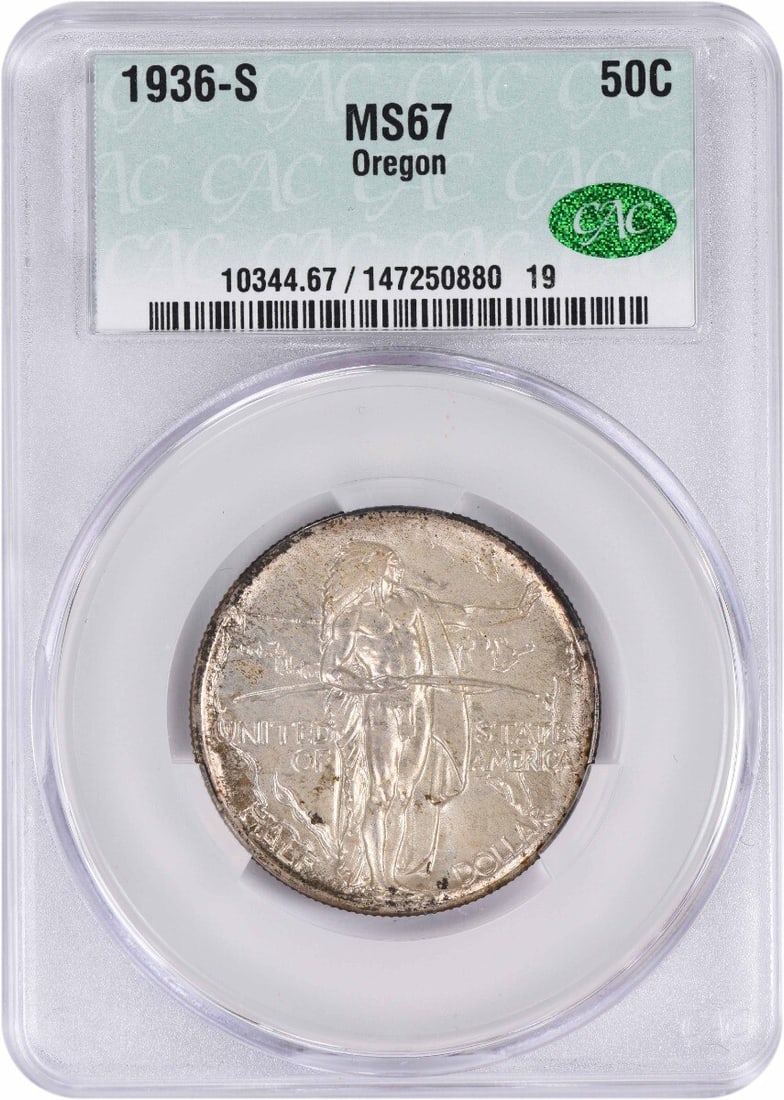 CACG Oregon Commemorative Silver Half Dollar 1936-S MS67: CACG Oregon Commemorative Silver Half Dollar 1936-S MS67 This listing features CACG Oregon Commemorative Silver Half Dollar 1936-S MS67. Item specifics are provided below. Item Specifics: Country Of O