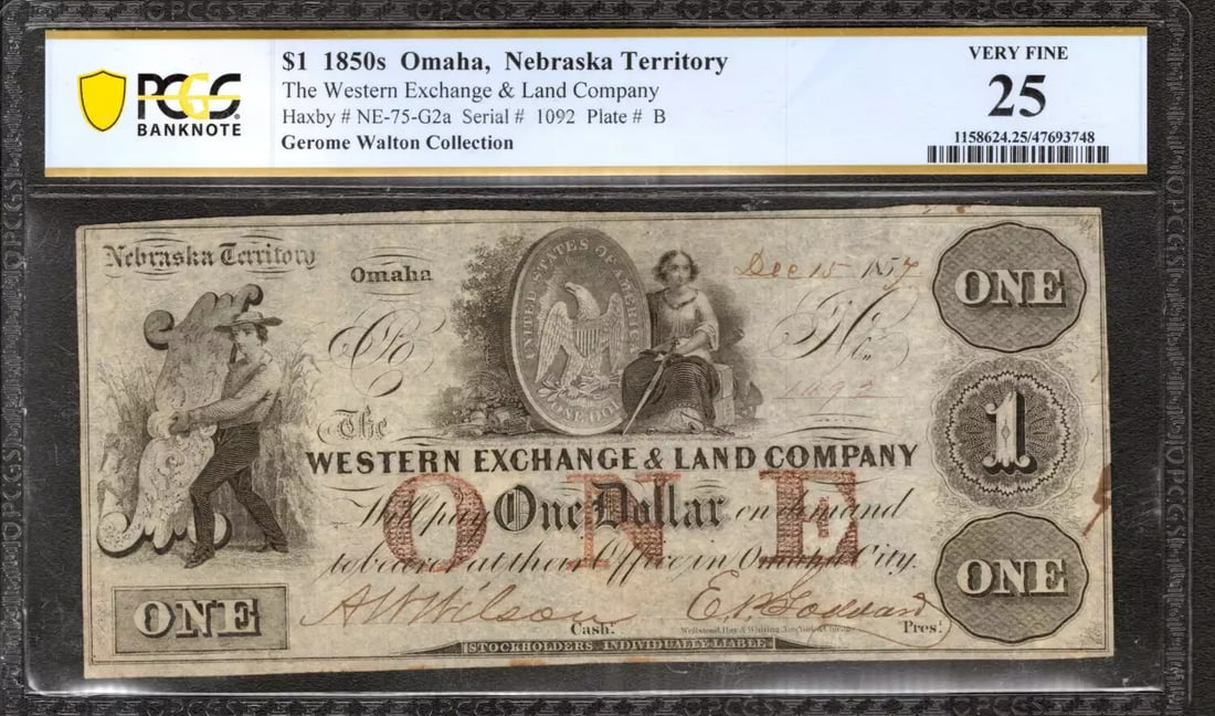 (748) 1857 $1 WESTERN EXCHANGE LAND CO OMAHA NEBRASKA OBSOLETE NOTE PCGS 25 VF: (748) 1857 $1 WESTERN EXCHANGE LAND CO OMAHA NEBRASKA OBSOLETE NOTE PCGS 25 VF This listing features (748) 1857 $1 WESTERN EXCHANGE LAND CO OMAHA NEBRASKA OBSOLETE NOTE PCGS 25 VF. Item specifics are