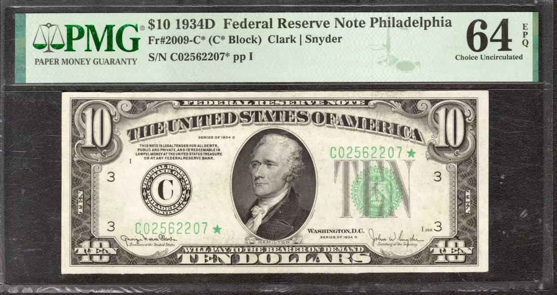 (207* 1934 D $10 FEDERAL RESERVE STAR NOTE PHILADELPHIA FR.2009-C* PMG CU 64 EPQ: (207* 1934 D $10 FEDERAL RESERVE STAR NOTE PHILADELPHIA FR.2009-C* PMG CU 64 EPQ This listing features (207* 1934 D $10 FEDERAL RESERVE STAR NOTE PHILADELPHIA FR.2009-C* PMG CU 64 EPQ. Item specifics