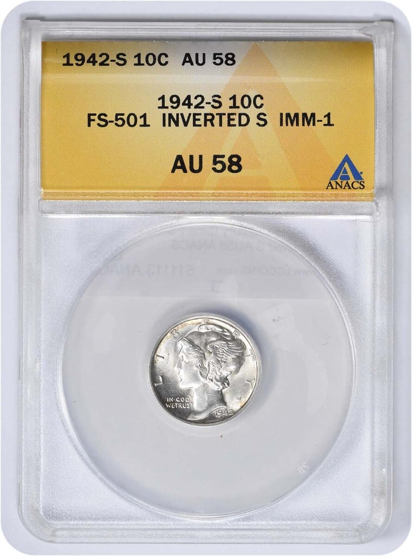 ANACS 1942-S Mercury Silver Dime FS-501 Inverted S AU58 (1 of 1)