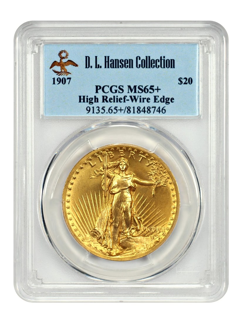 St. Gaudens $20 - 1907 $20 High Relief PCGS MS65+ (Wire Edge) ex: D.L. Hansen: St. Gaudens $20 - 1907 $20 High Relief PCGS MS65+ (Wire Edge) ex: D.L. Hansen This listing features St. Gaudens $20 - 1907 $20 High Relief PCGS MS65+ (Wire Edge) ex: D.L. Hansen. Item specifics are pr