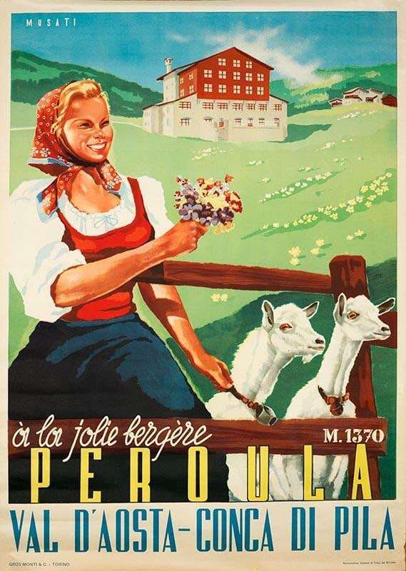 1949 Jolie Bergere Peroula Val D'Aosta By Arnaldo Musati Italian Travel Poster: 1949 Jolie Bergere Peroula Val D'Aosta By Arnaldo Musati Italian Travel Poster This listing features 1949 Jolie Bergere Peroula Val D'Aosta By Arnaldo Musati Italian Travel Poster. Item specifics are