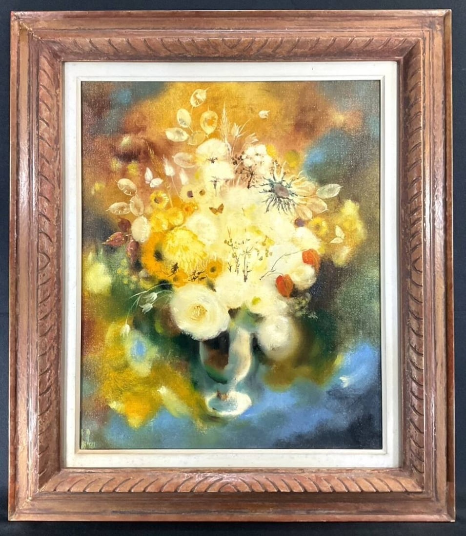 Framed Yves Chaix Oil Painting Bouquet Blanc et Or French Modern Floral Art (1 of 10)