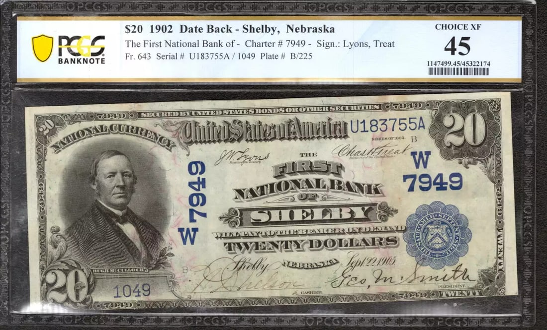 (755A) 1902 $20 FIRST NATIONAL BANKNOTE CURRENCY SHELBY NEBRASKA PCGS 45 CH XF (1 of 2)