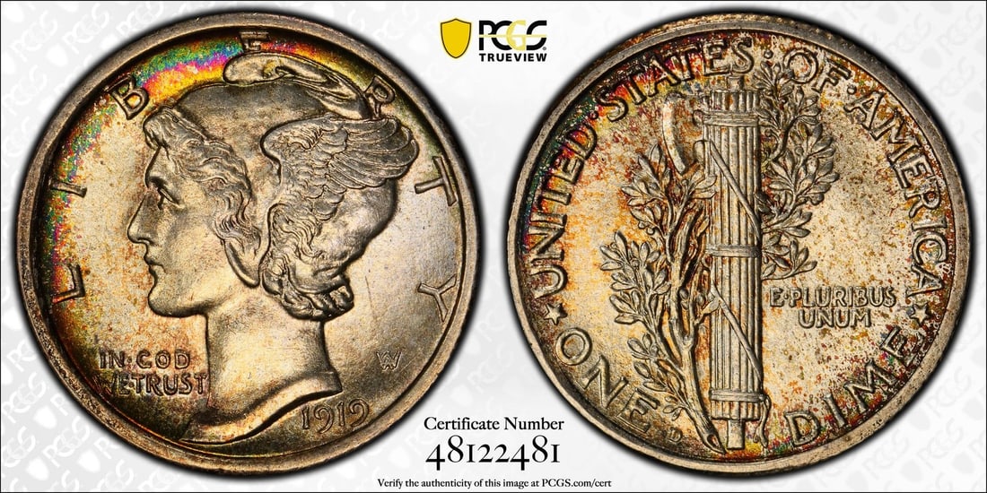 PRETTY TONING - 1919-D MERCURY DIME PCGS MS64 FB: PRETTY TONING - 1919-D MERCURY DIME PCGS MS64 FB This listing features PRETTY TONING - 1919-D MERCURY DIME PCGS MS64 FB. Item specifics are provided below. Item Specifics: Country Of Origin: USA Certi